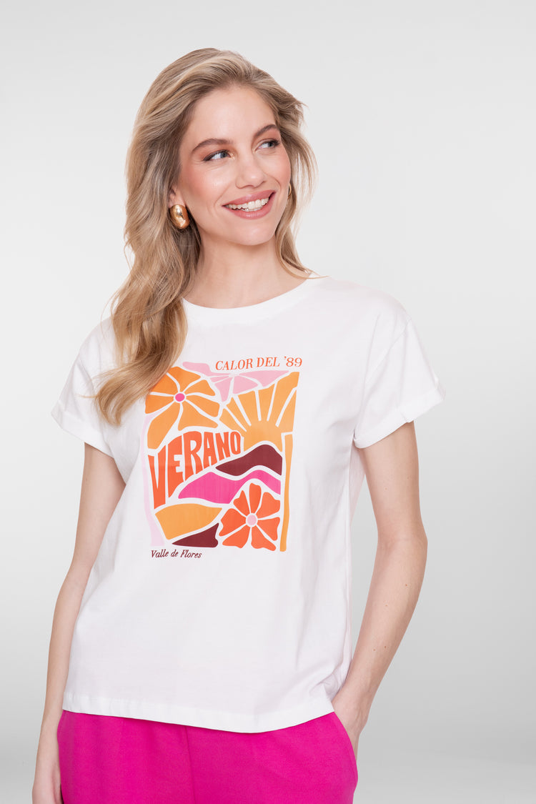 Geisha-T-Shirt 'Verano' Druck weiß