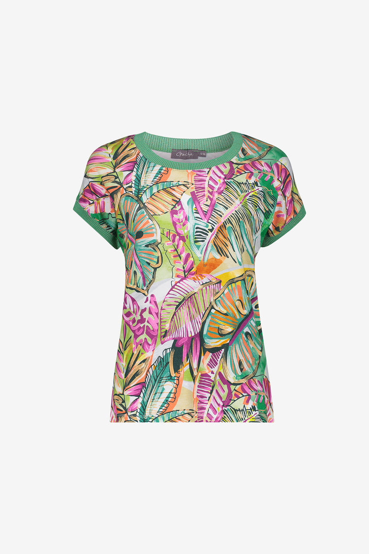Geisha T-Shirt mit grafischem Print und Rippbündchen mit Lurex