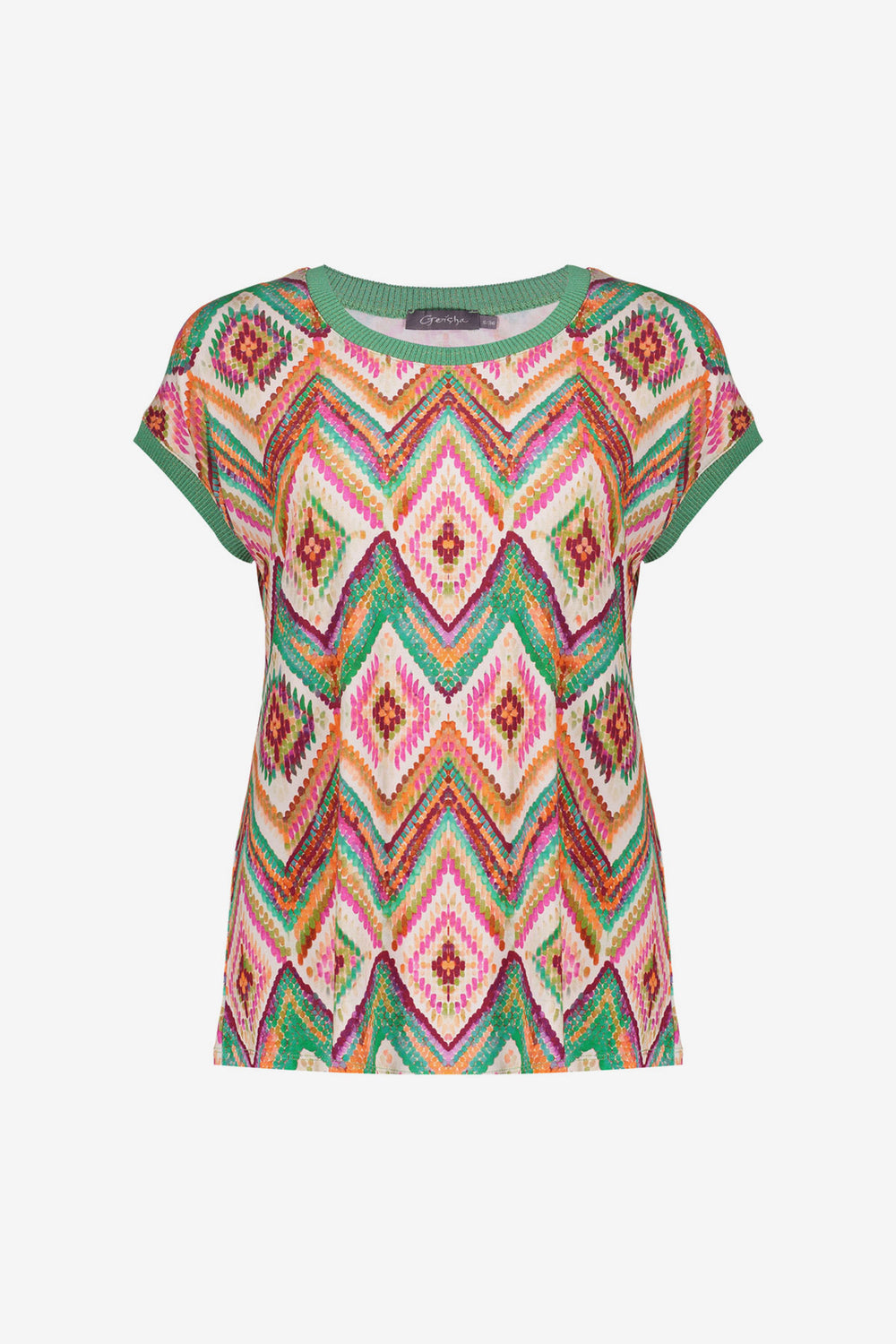 Geisha T-Shirt mit grafischem Print und Rippbündchen mit Lurex