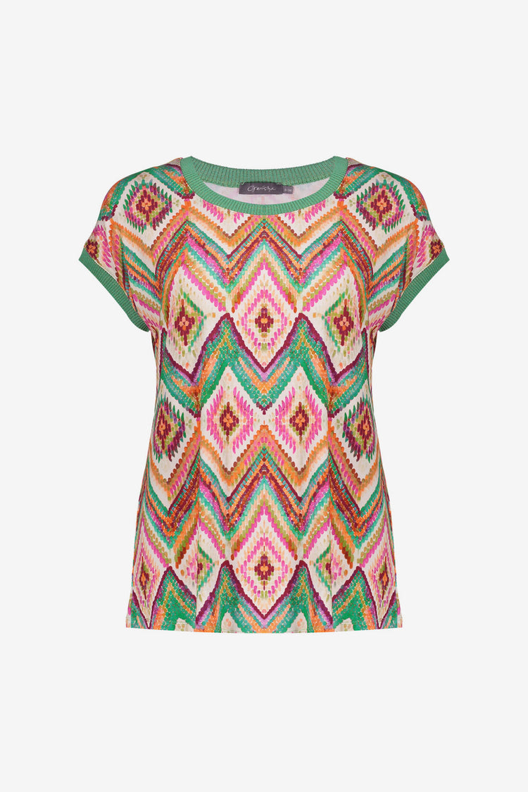 Geisha T-Shirt mit grafischem Print und Rippbündchen mit Lurex