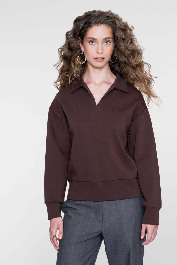 Geisha Sweatshirt mit Polokragen in Dunkelbraun