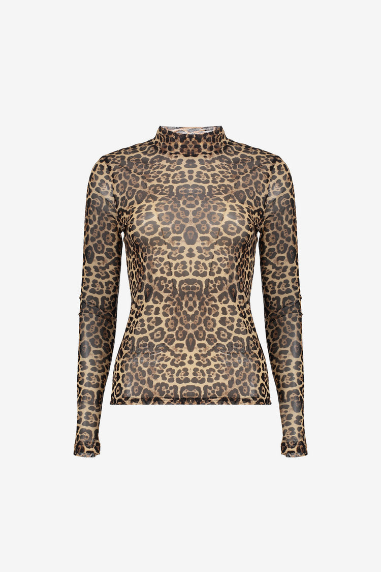 Geisha Mesh-Top mit Leopardenprint und Rollkragen