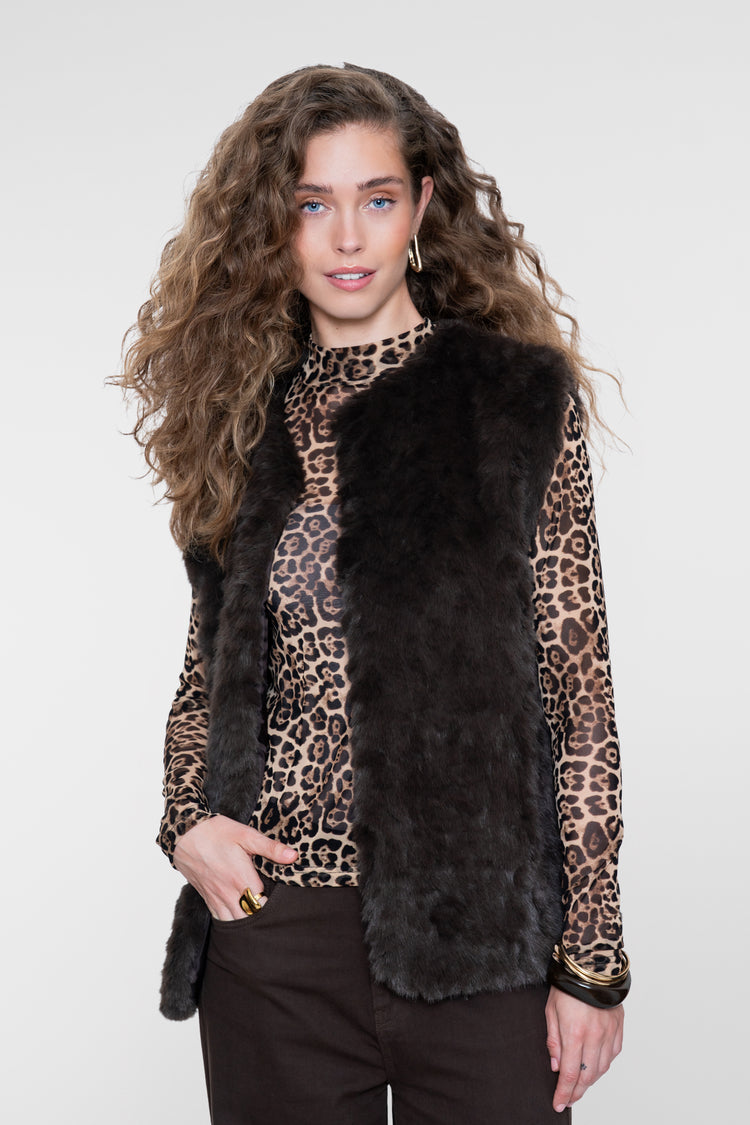 Geisha Mesh-Top mit Leopardenprint und Rollkragen