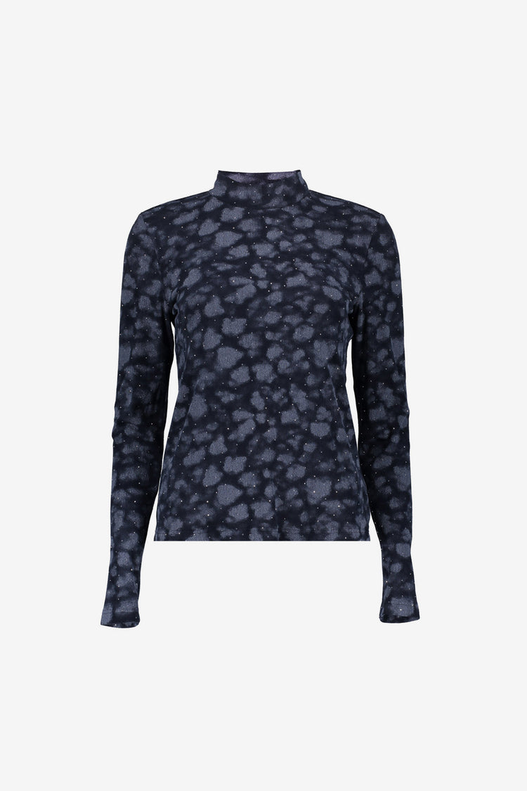 Geisha Top mit Dessin, Strasssteinen und Rollkragen