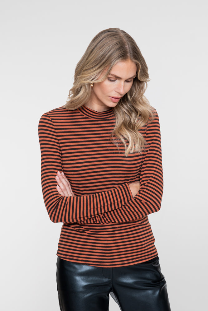 Geisha-Top mit eng anliegender Passform, Streifenmuster und Stehkragen – Shop de look