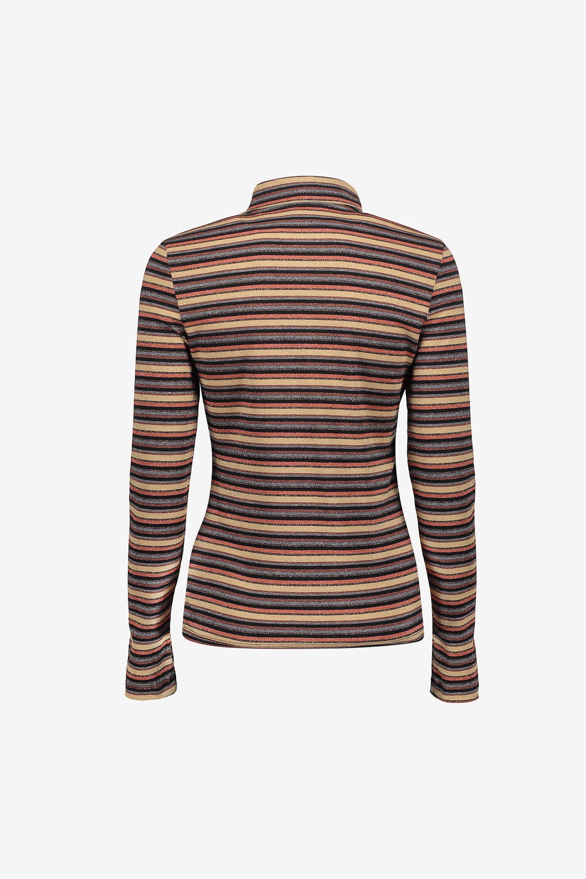 Eng anliegendes, gestreiftes Top im Geisha-Stil mit Lurex und hochstehendem Kragen