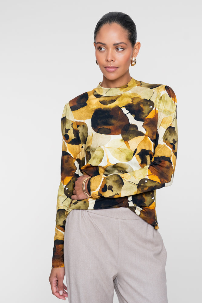 Geisha Damen Viskose-Longsleeve mit Blattprint und Stehkragen