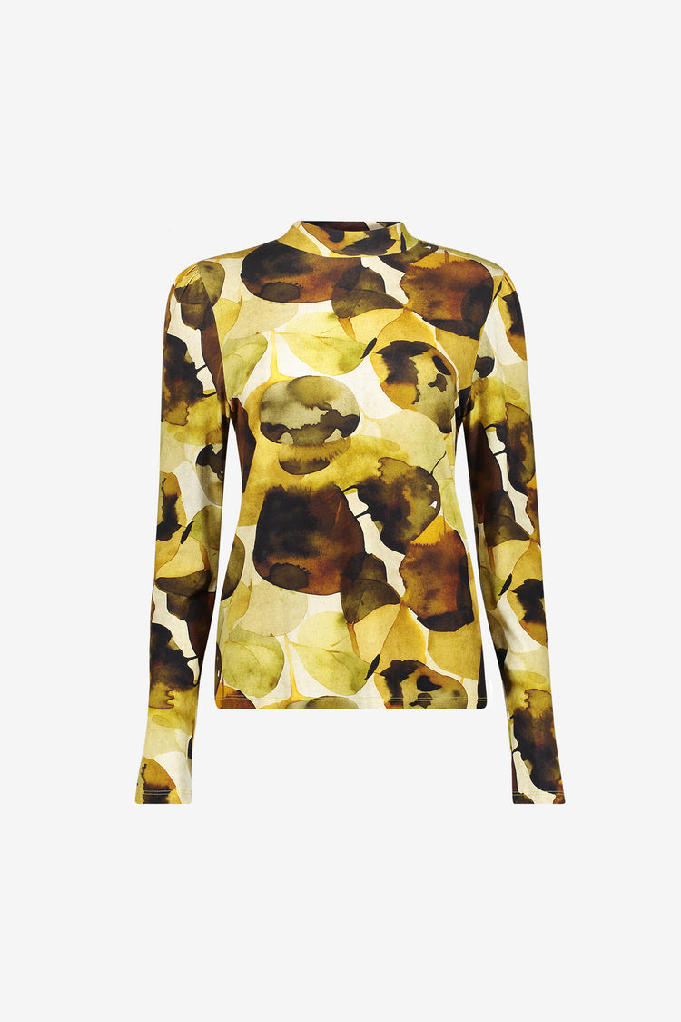 Geisha Damen Viskose-Longsleeve mit Blattprint und Stehkragen
