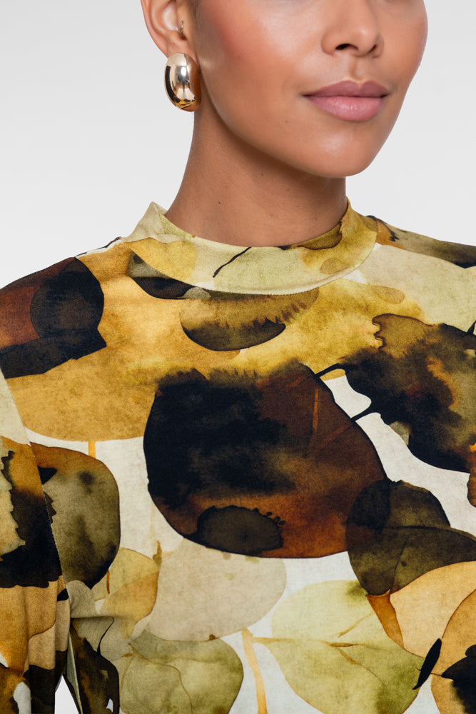 Geisha Damen Viskose-Longsleeve mit Blattprint und Stehkragen