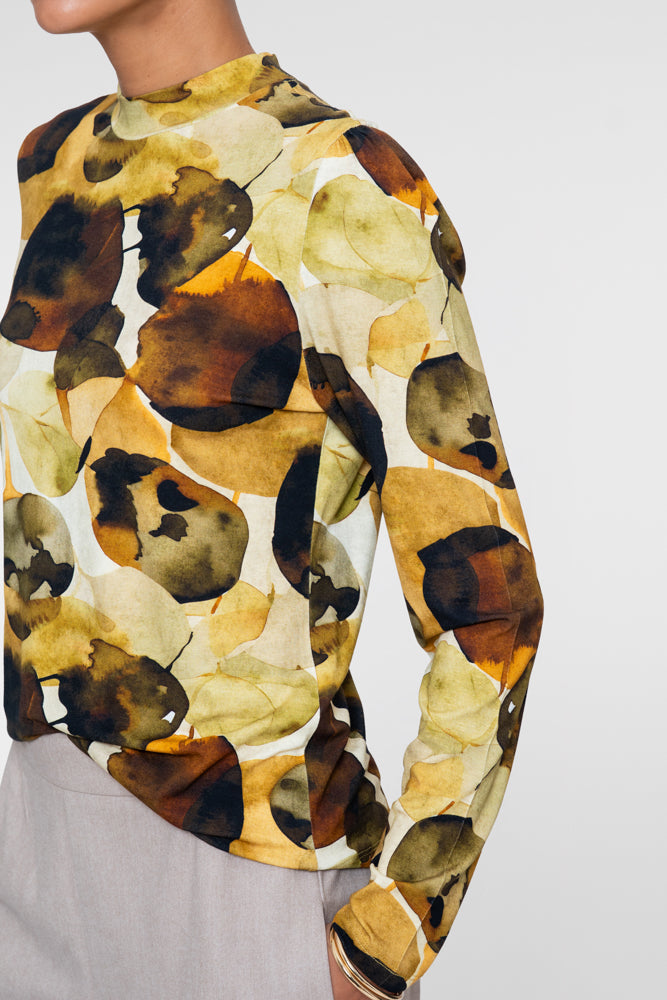 Geisha Damen Viskose-Longsleeve mit Blattprint und Stehkragen