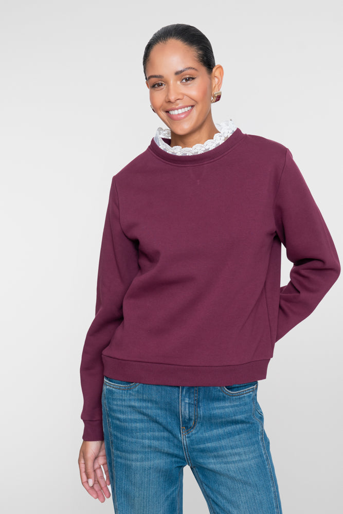 Geisha Damen Sweatshirt mit Spitzenkragen in Burgunderrot