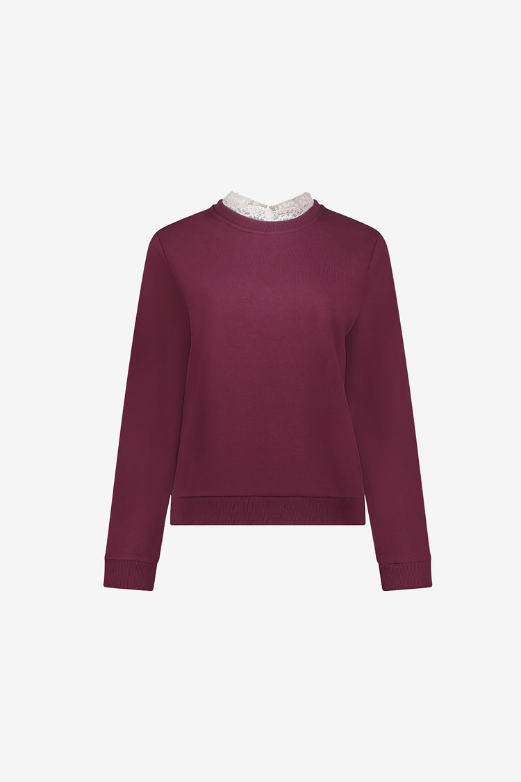 Geisha Damen Sweatshirt mit Spitzenkragen in Burgunderrot