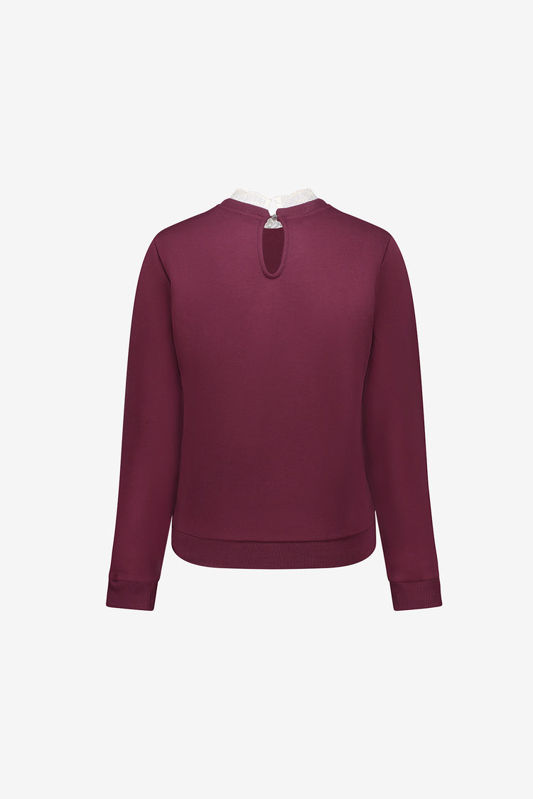 Geisha Damen Sweatshirt mit Spitzenkragen in Burgunderrot