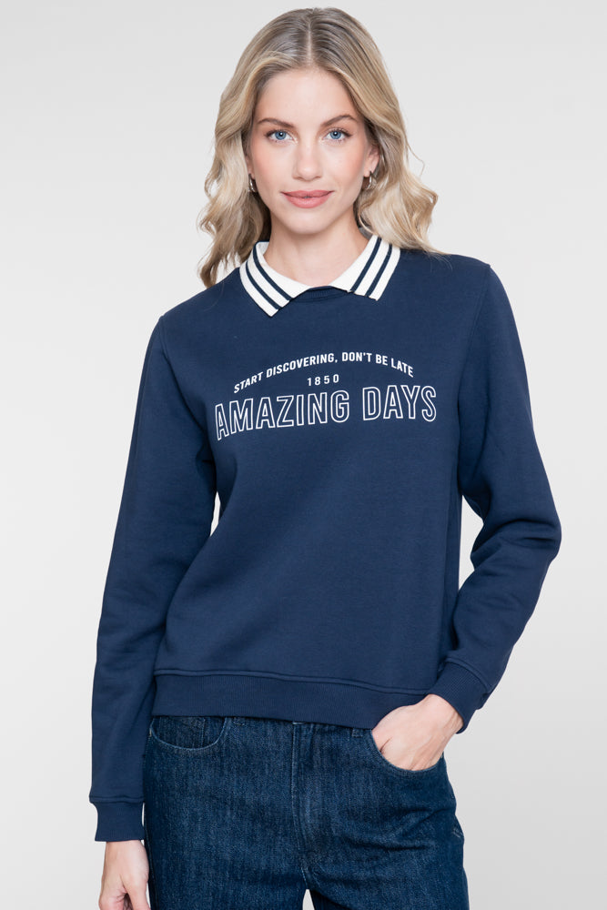 Geisha Damen Sportliches Sweatshirt mit Polokragen und Statementprint