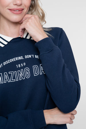 Geisha Damen Sportliches Sweatshirt mit Polokragen und Statementprint