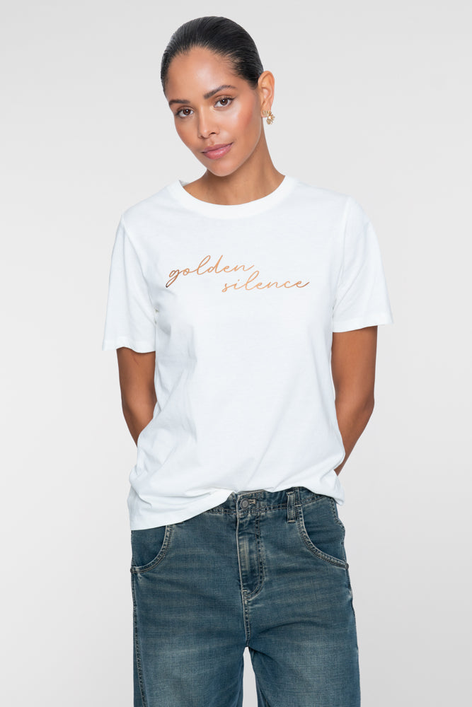 Geisha Damen Weißes T-Shirt mit „Golden Silence“-Print