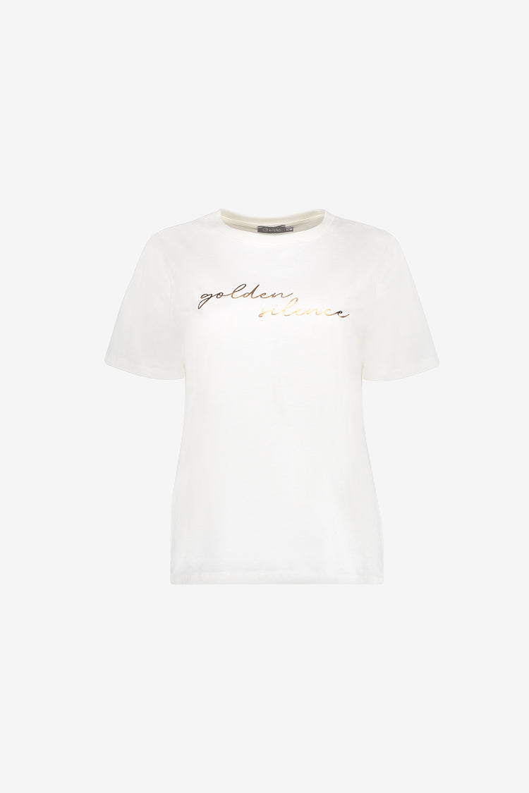 Geisha Damen Weißes T-Shirt mit „Golden Silence“-Print