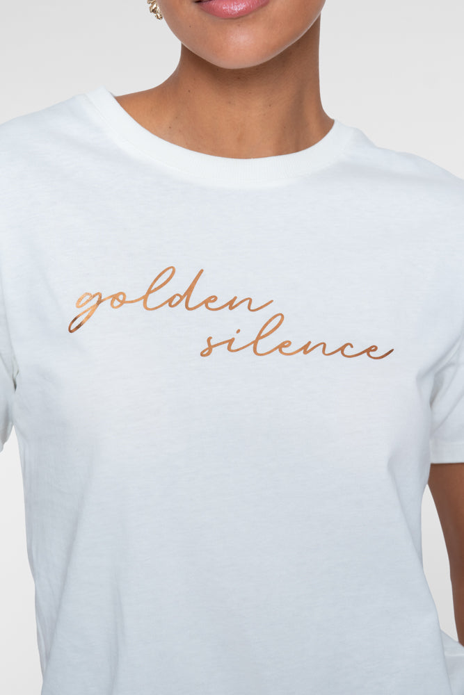 Geisha Damen Weißes T-Shirt mit „Golden Silence“-Print