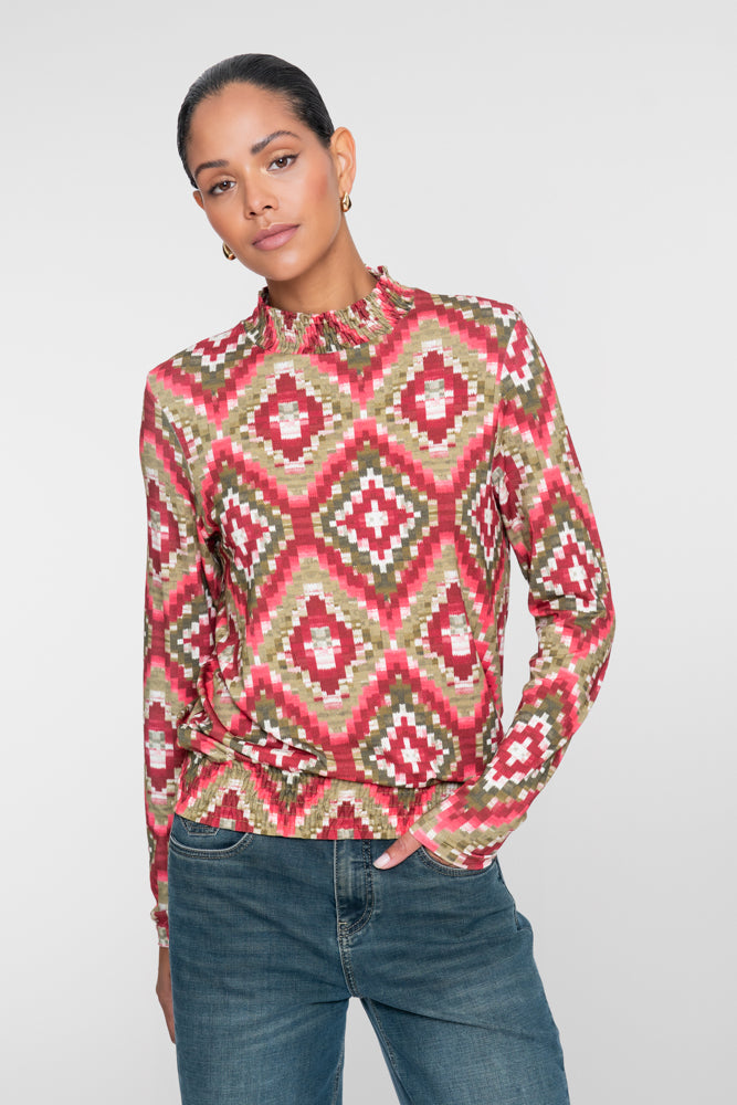 Geisha Damen Top mit grafischem Karoprint und Smokdetails