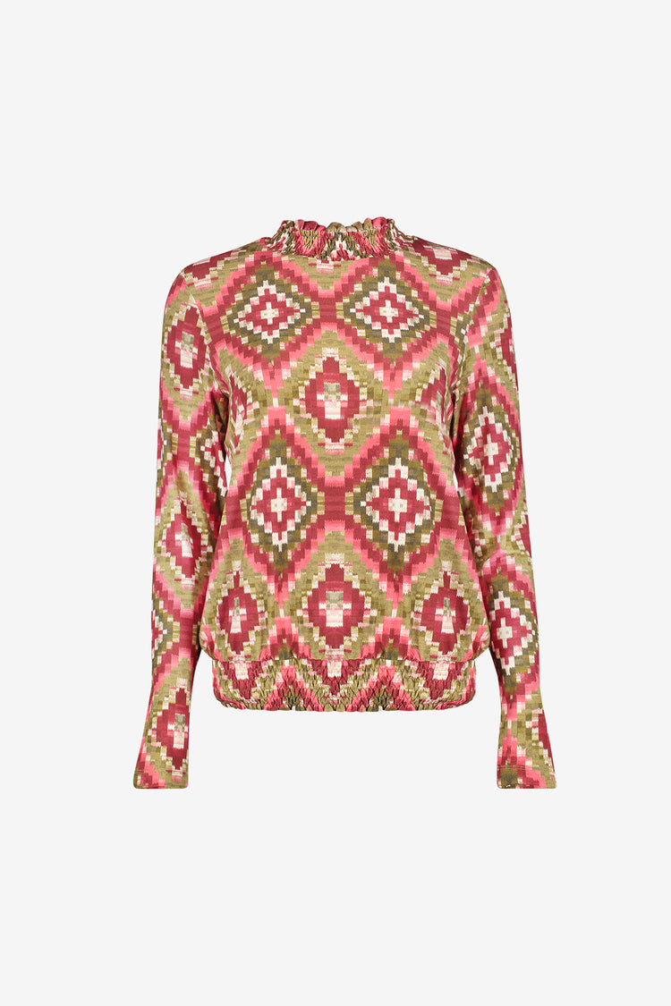 Geisha Damen Top mit grafischem Karoprint und Smokdetails