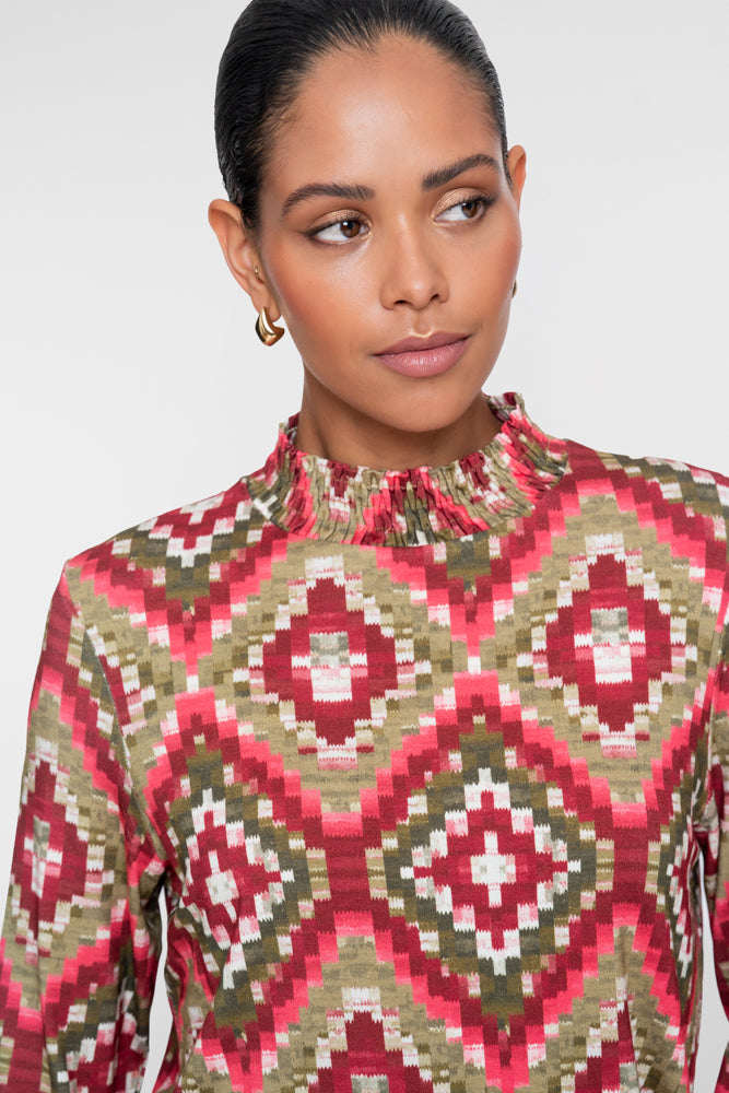 Geisha Damen Top mit grafischem Karoprint und Smokdetails