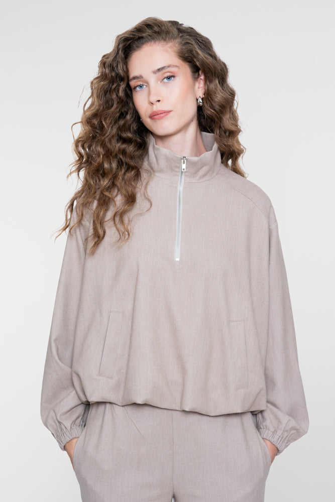 Geisha Damen Flanelljacke in Taupe-Sand-Melange mit hohem Kragen