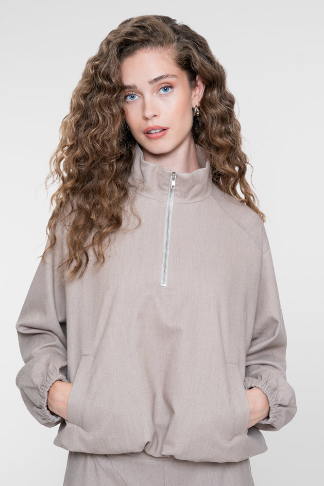 Geisha Damen Flanelljacke in Taupe-Sand-Melange mit hohem Kragen