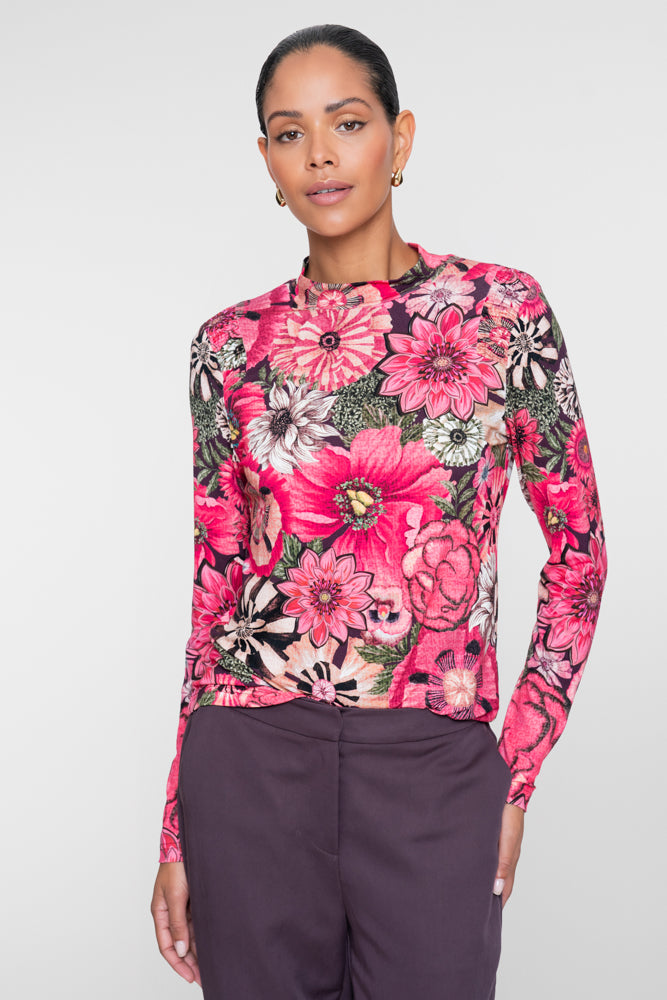 Geisha Damen Top mit Blumenprint, Smokdetail und Stehkragen