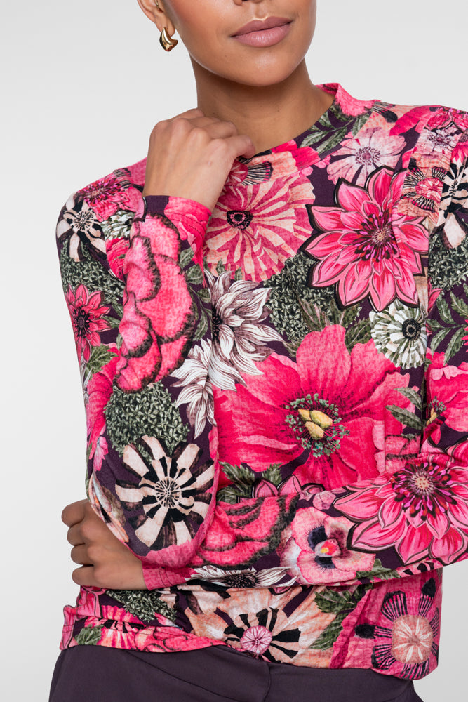 Geisha Damen Top mit Blumenprint, Smokdetail und Stehkragen