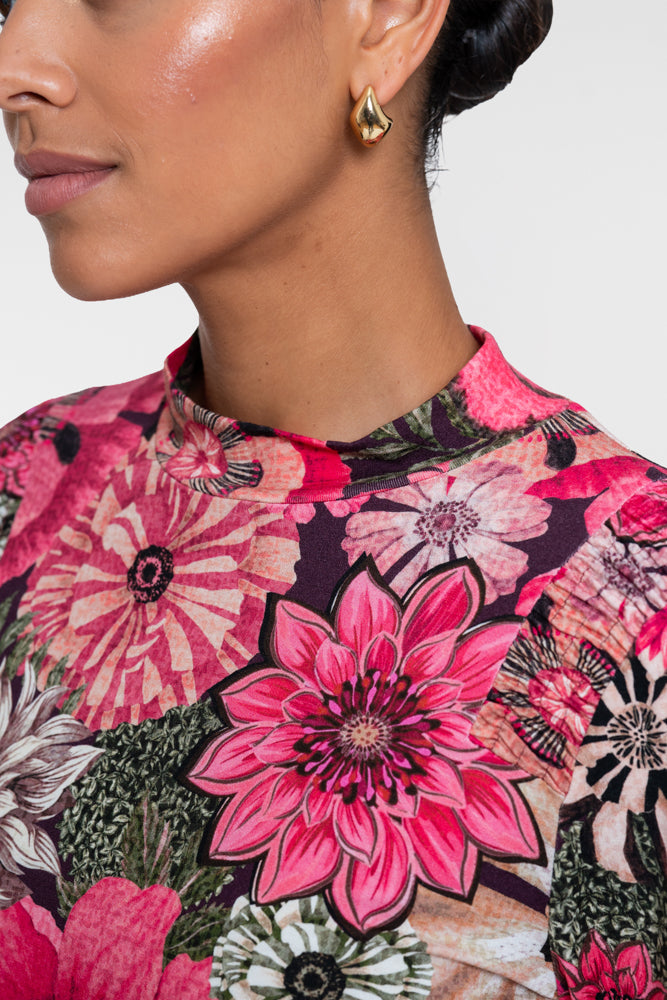 Geisha Damen Top mit Blumenprint, Smokdetail und Stehkragen