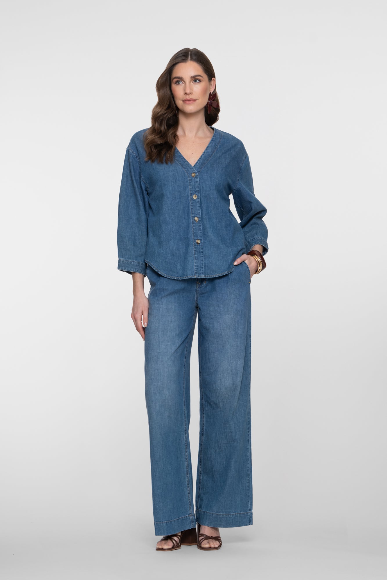 Geisha Denimbluse mit V-Ausschnitt