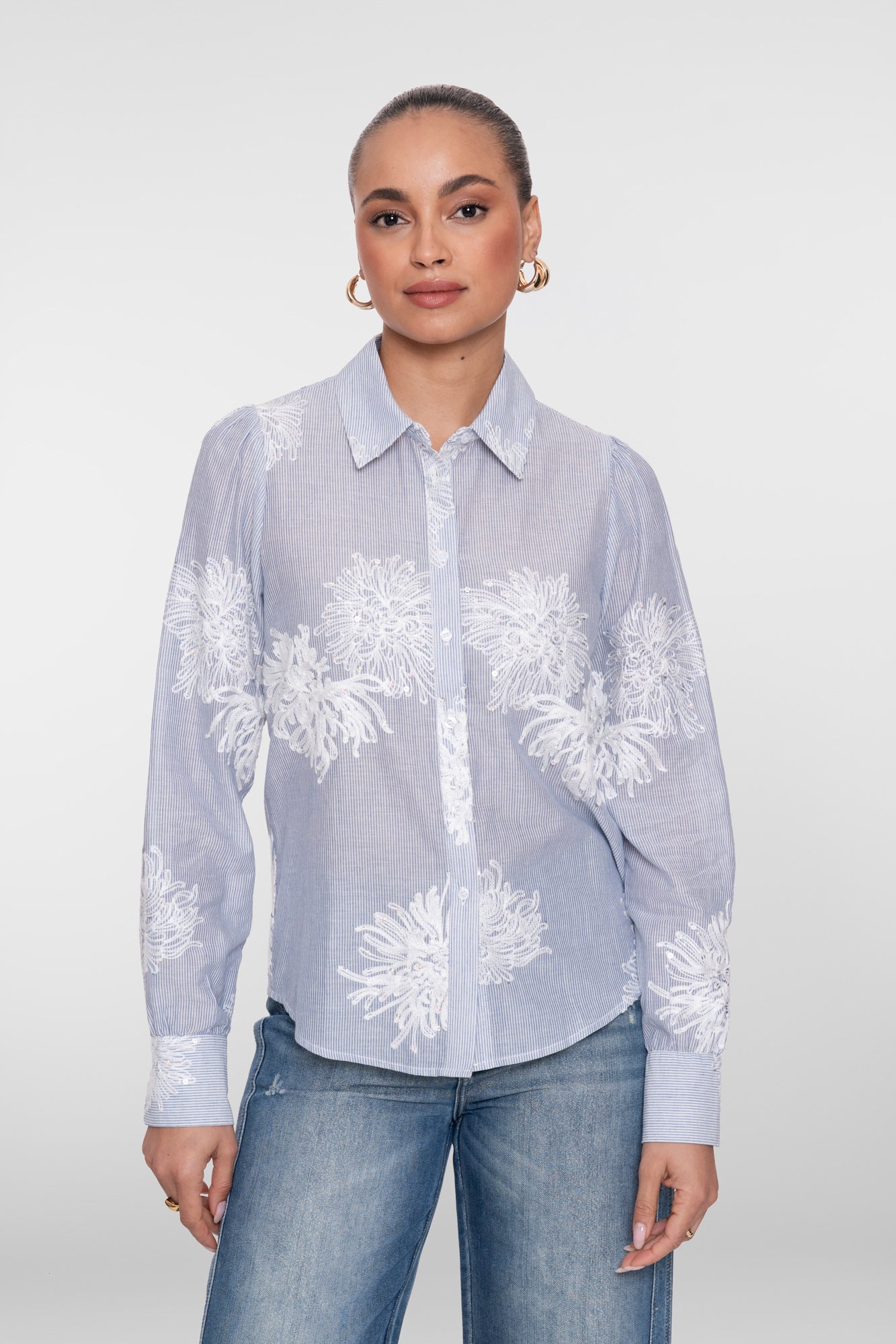 Geisha Bluse mit gestickten Blumen und Streifen