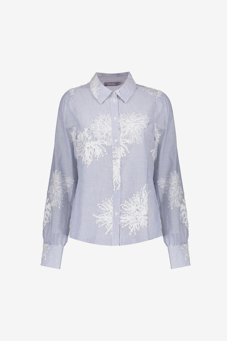 Geisha Bluse mit gestickten Blumen und Streifen