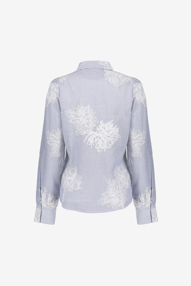 Geisha Bluse mit gestickten Blumen und Streifen