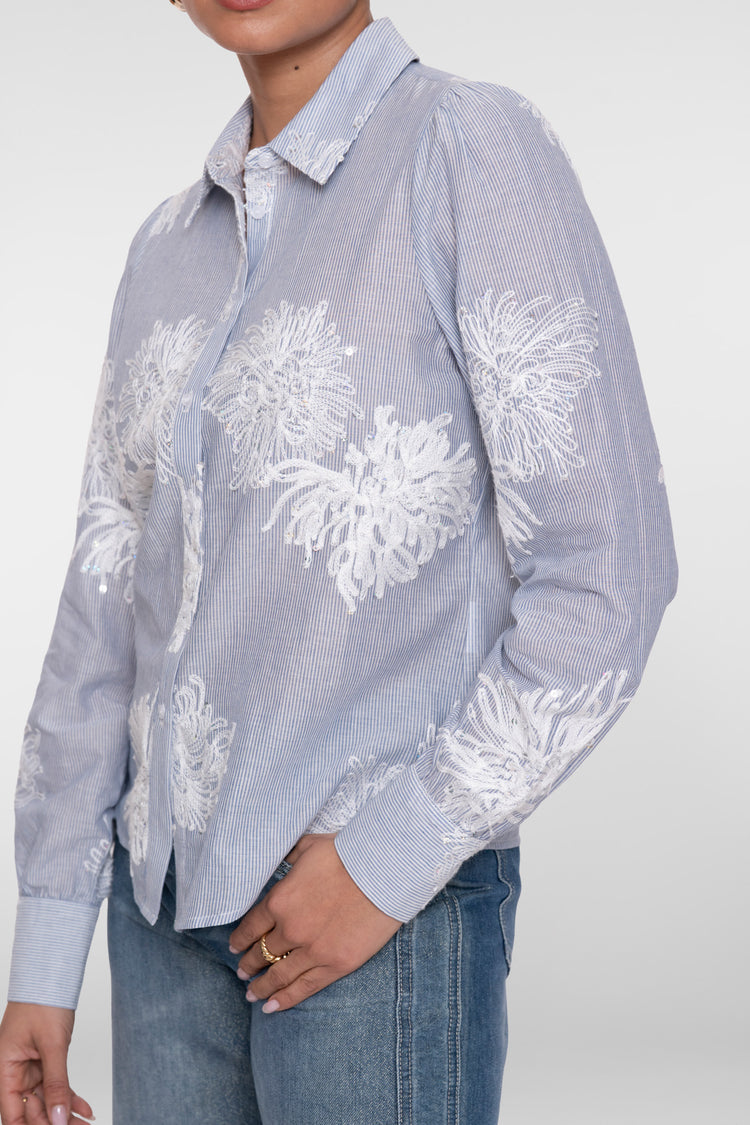 Geisha Bluse mit gestickten Blumen und Streifen