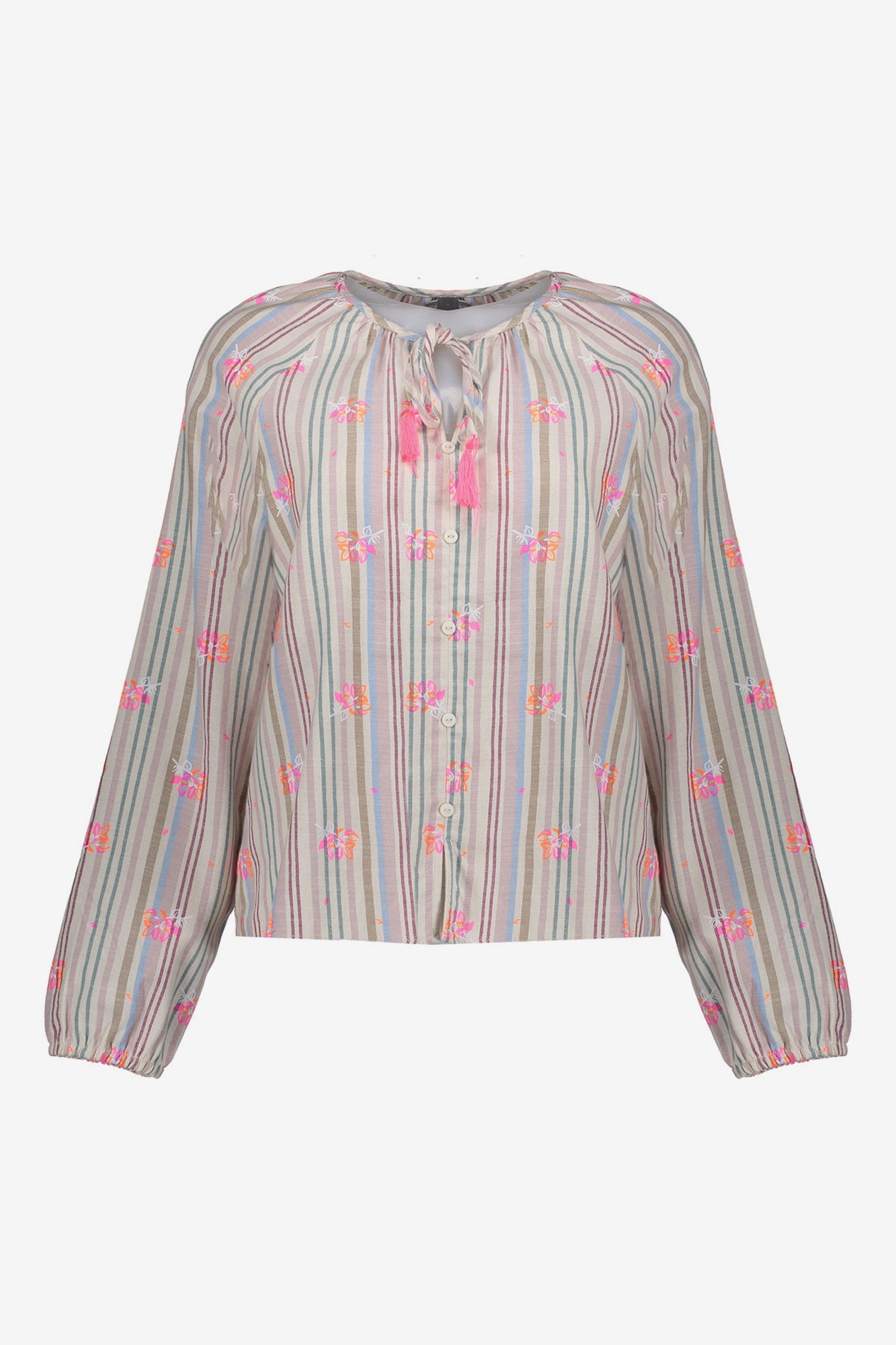 Geisha Bluse mit Pastellstreifen und auffälliger farbiger Stickerei
