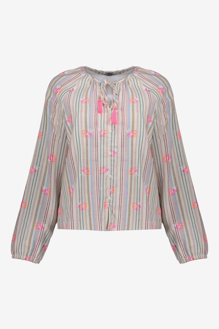 Geisha Bluse mit Pastellstreifen und auffälliger farbiger Stickerei