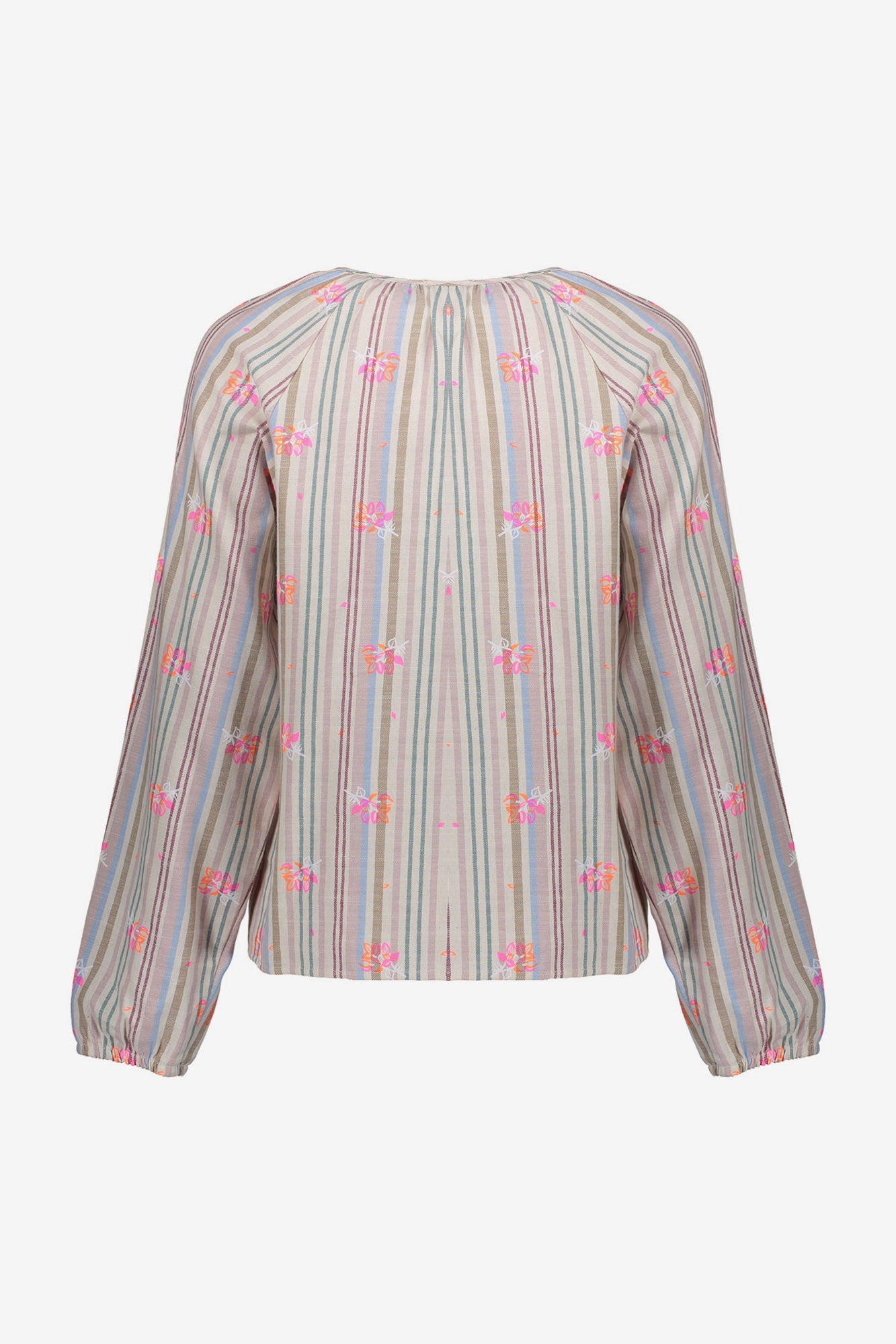 Geisha Bluse mit Pastellstreifen und auffälliger farbiger Stickerei
