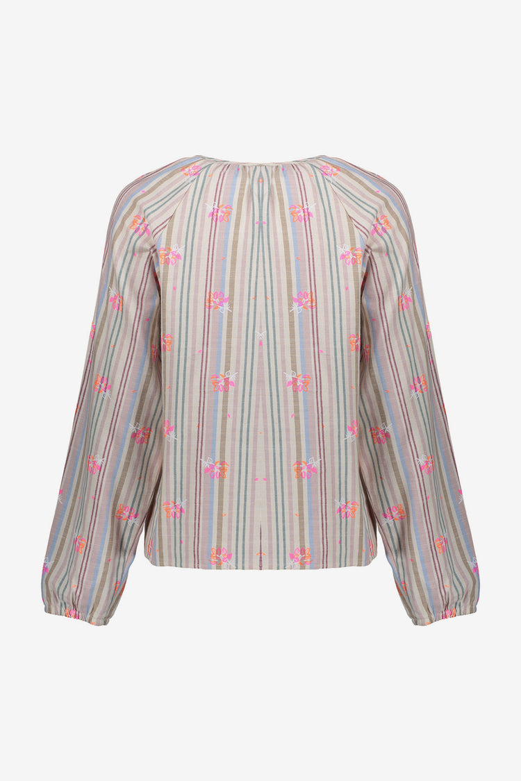 Geisha Bluse mit Pastellstreifen und auffälliger farbiger Stickerei