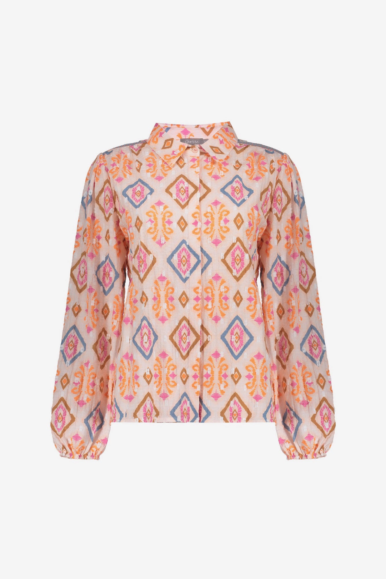 Geisha Bluse mit buntem Ikat-Druck und elastischen Ärmeln