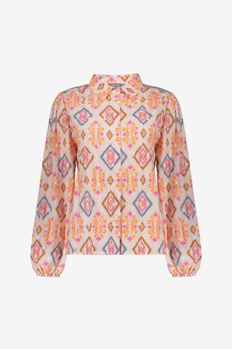 Geisha Bluse mit buntem Ikat-Druck und elastischen Ärmeln