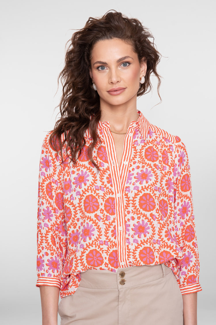 Geisha Bluse mit Blumen- und Streifenmuster