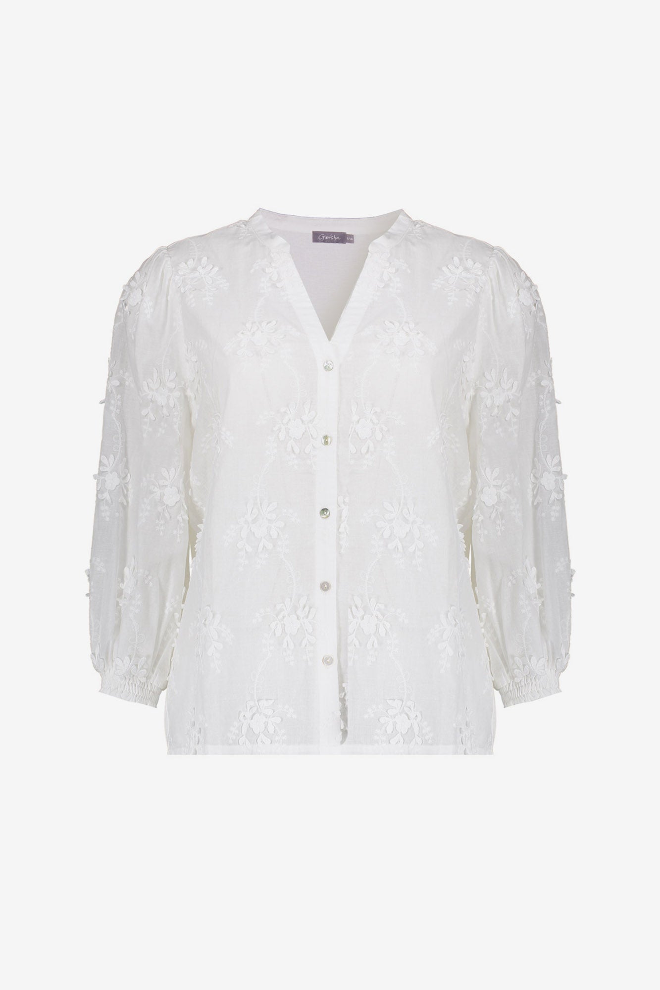 Geisha Bluse mit gesticktem Blumenmuster und 3/4-Ärmeln