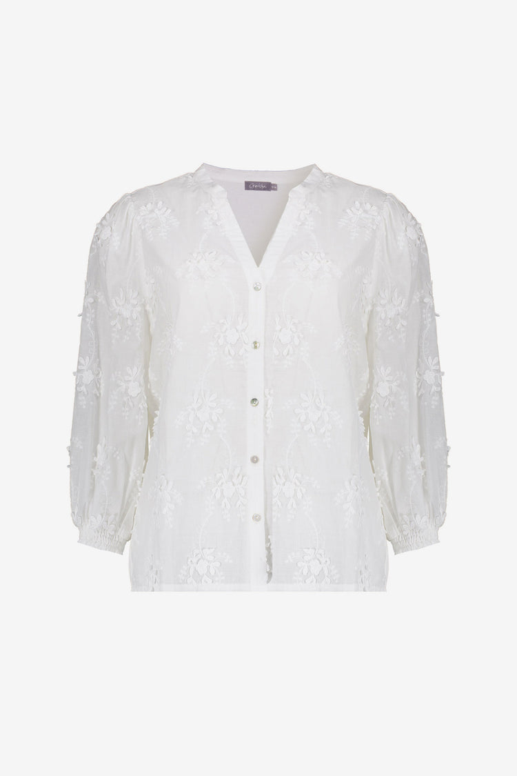 Geisha Bluse mit gesticktem Blumenmuster und 3/4-Ärmeln