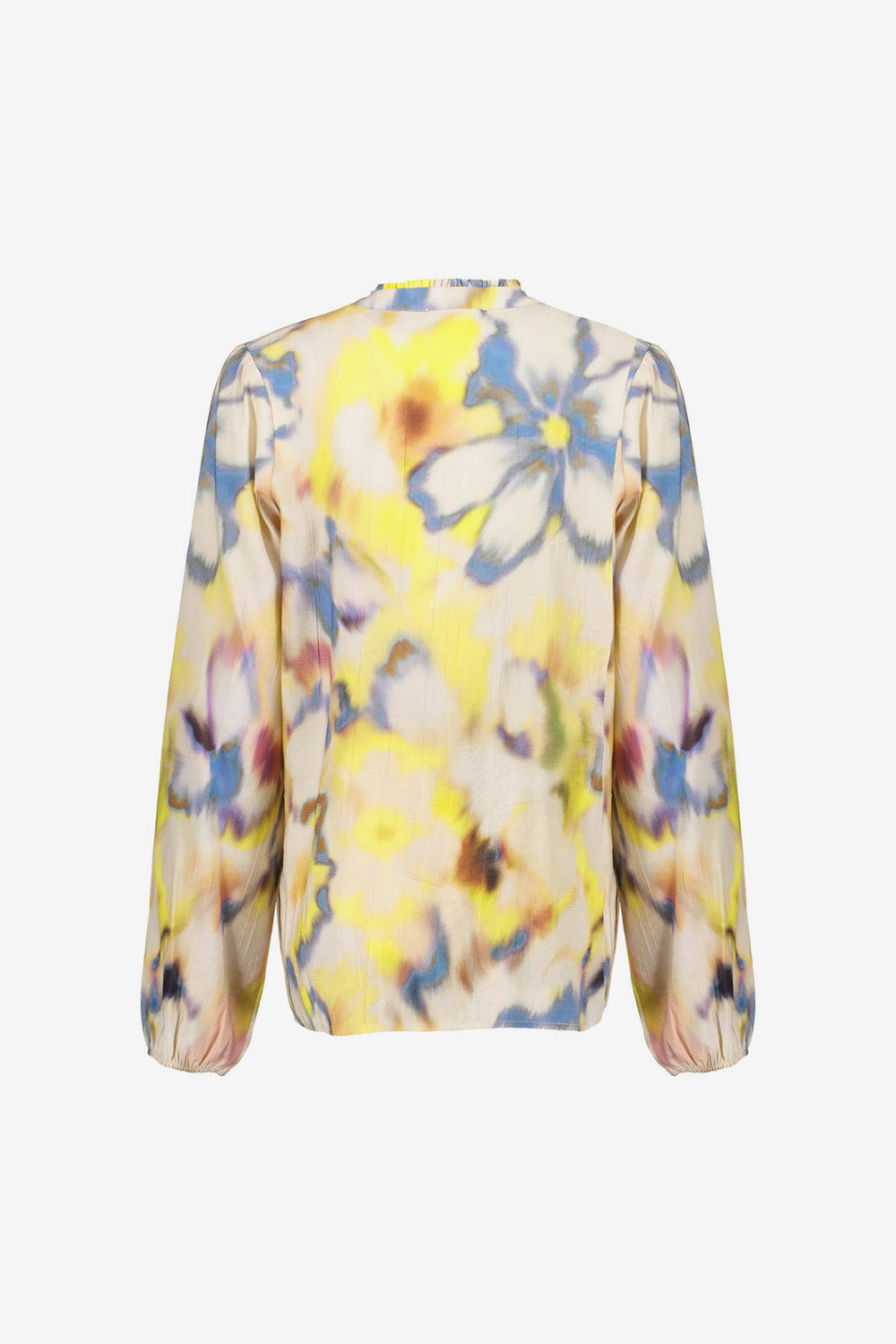 Geisha Bluse mit buttergelbem und blauem Aquarelldruck