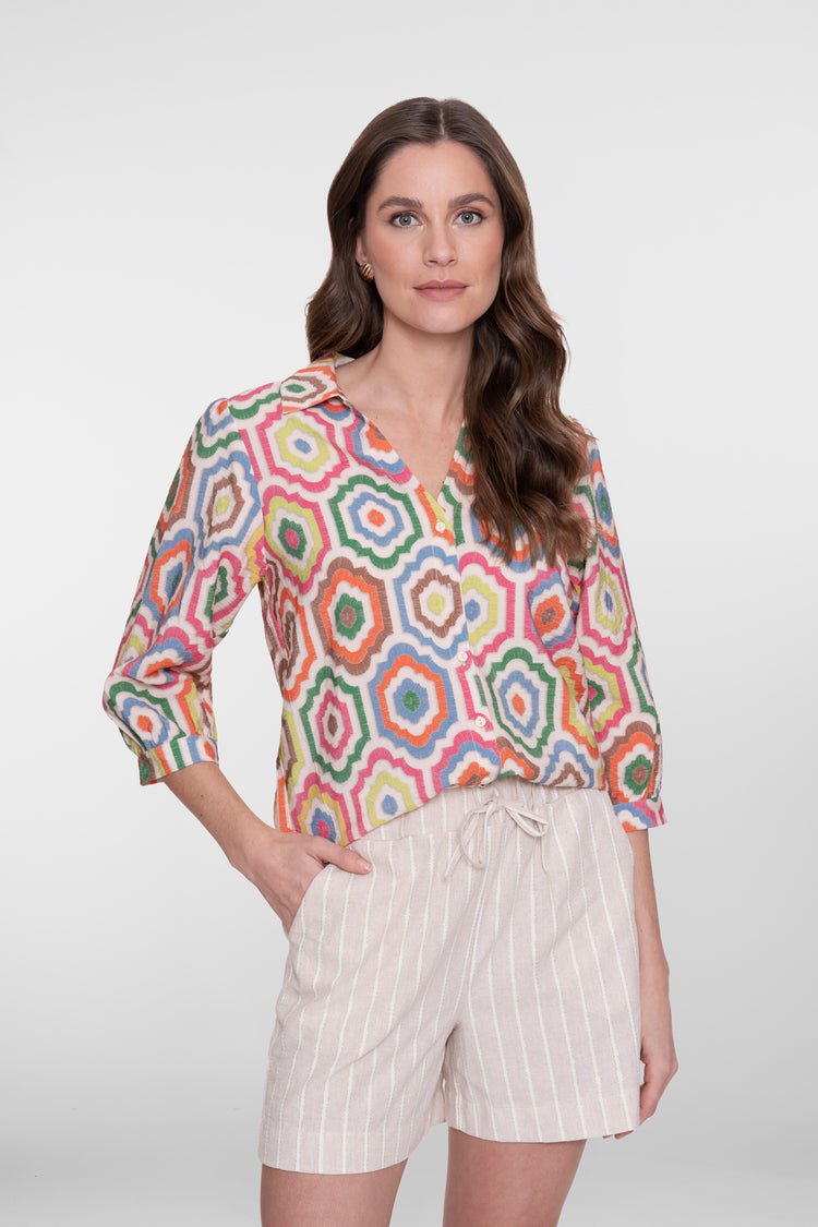Geisha Bluse mit farbenfrohem Fliesenprint