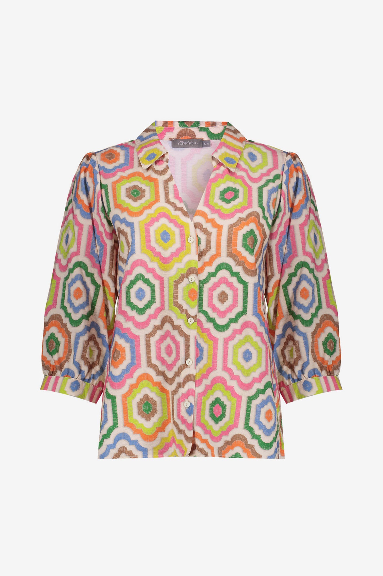 Geisha Bluse mit farbenfrohem Fliesenprint
