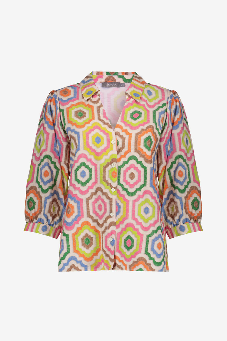 Geisha Bluse mit farbenfrohem Fliesenprint