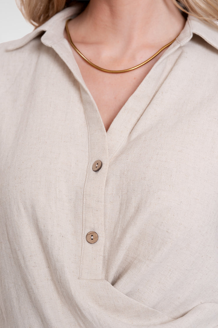 Geisha Top mit Wickeldetail und Leinenoptik
