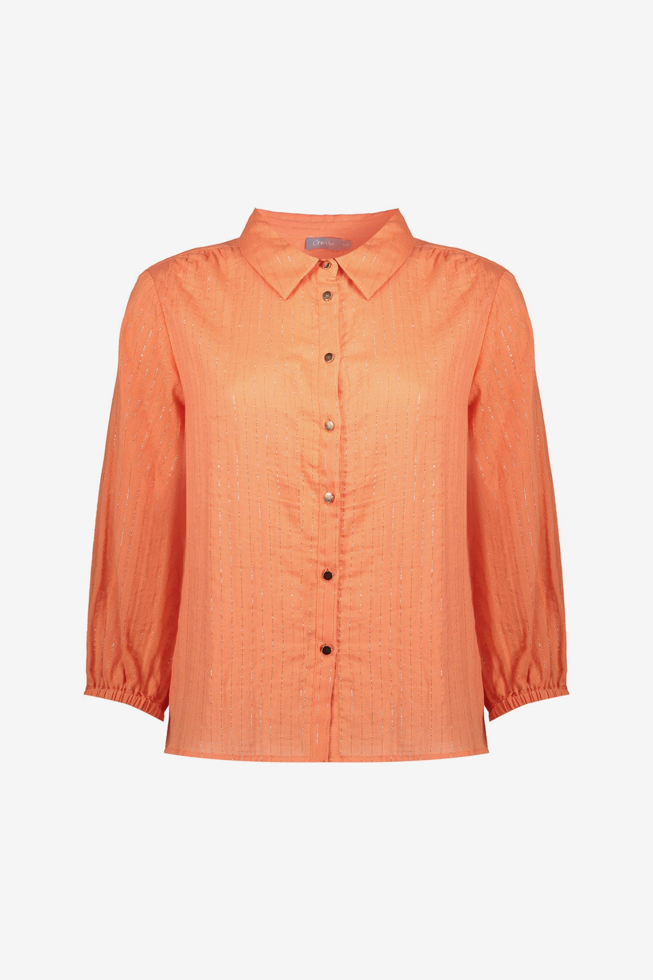 Orangefarbene Geisha-Bluse mit Lurex und auffälligen Knöpfen